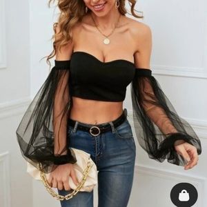 Bardot Mesh Lantern Sleeve Crop Top